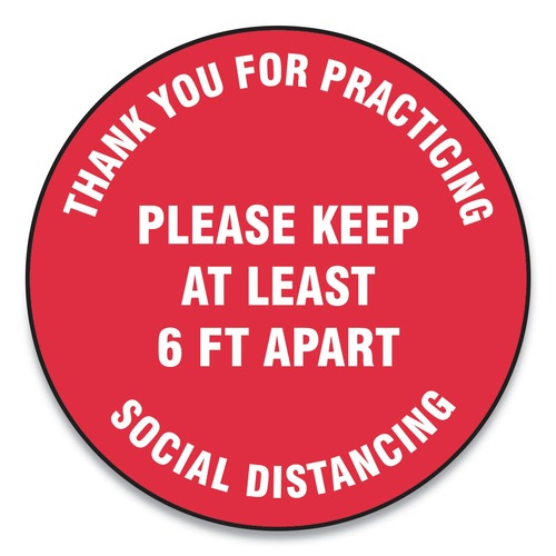 Floor Signs | GN1 MFS422ESP 12 in. Circle "Thank You For Practicing Social Distancing Please Keep At Least 6 ft. Apart" Slip-Gard Floor Signs - Red (25/Pack) image number 0