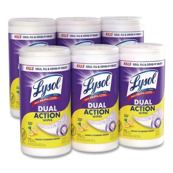 LYSOL Brand 7 in. x 7.5 in. 1-Ply Dual Action Disinfecting Wipes - Citrus, White/Purple (6 Canisters/Carton)