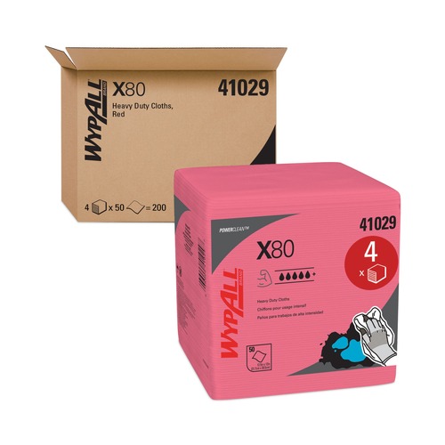  | WypAll 41029 X80 12.5 in. x 12 in. HyrdoKnit 1/4 Fold Cloths - Red (4 Boxes/Carton, 50/Box) image number 0