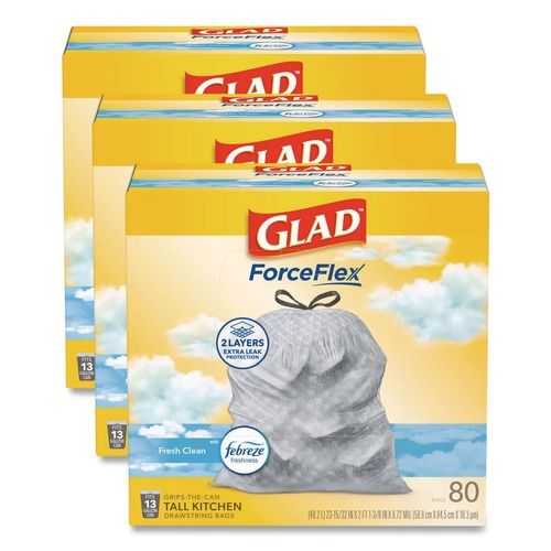Cleaning & Janitorial Supplies | Glad 78899 ForceFlex 24 in. x 27.38 in. 13 Gallon Kitchen Drawstring Trash Bags - Fresh Clean Scent/White (240/Carton) image number 0