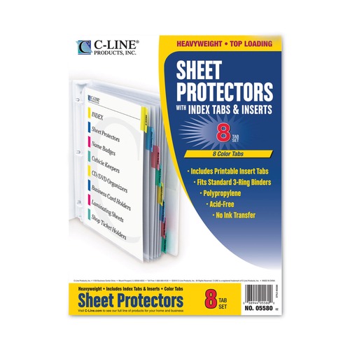Mothers Day Sale! Save an Extra 10% off your order | C-Line 05580 2 in. Sheet Capacity 8-1/2 in. x 11 in. Sheet Protectors with Index Tabs - Assorted Colors (8/Set) image number 0