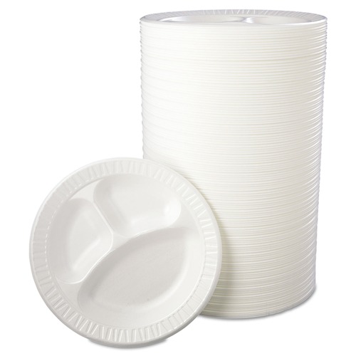 Last Chance for these Amazing Deals | Dart 10CPWQR 10.25 in. Diameter 3 Compartment Quiet Class Laminated Foam Dinnerware Plates - White (500/Carton) image number 0