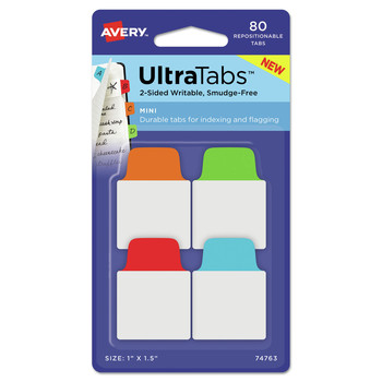 Avery 74763 Ultra Tabs 1/5-Cut 1 in. Repositionable Mini Tabs - Assorted Primary Colors (80/Pack)