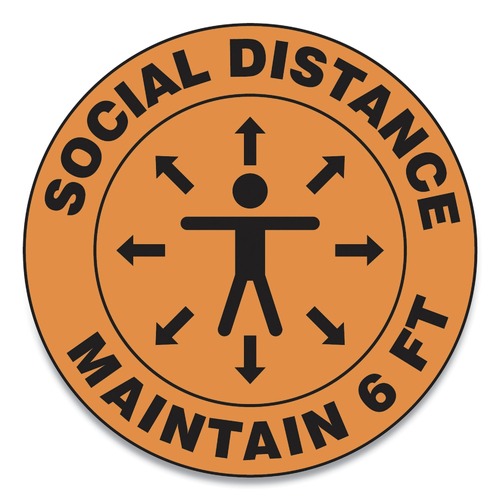 Floor Signs | GN1 MFS382ESP 17 in. Circle "Social Distance Maintain 6 ft." Human/Arrows Slip-Gard Social Distance Floor Signs - Orange (25/Pack) image number 0