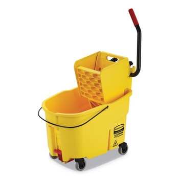 Rubbermaid Commercial FG618688YEL WaveBrake 44 Quart Plastic Side Press Bucket and Wringer with Drain - Yellow