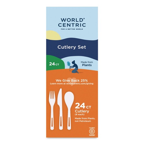 Cutlery | World Centric AS-PS-R Plastic Fork/Knife/Spoon Medium Heavyweight TPLA Cutlery - Light Beige (24/Pack) image number 0