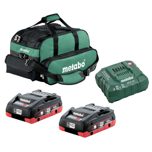 Battery and Charger Starter Kits | Metabo US625367002 Ultra-M 4 Ah LiHD Battery (2-Pack), Charger, and Canvas Bag Kit image number 0
