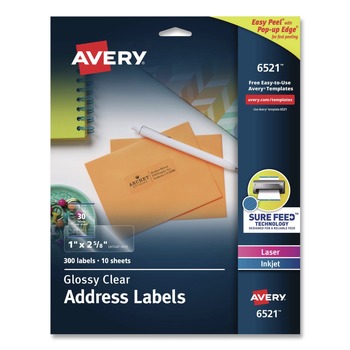 Avery Easy Peel 1 in. x 2.63 in. Inkjet/Laser Printers Mailing Labels with Sure Feed Technology - Glossy Clear (300/Pack)