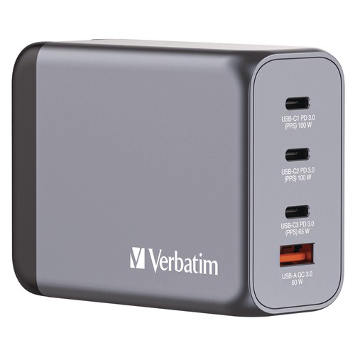 Office Electronics & Batteries | Verbatim 32204 200 Watts 4-Port GaN Wall Charger - Black/Gray image number 0