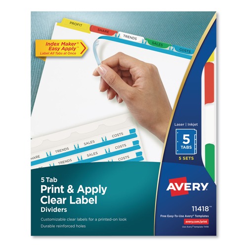 Office Jansan | Avery 11418 Index Maker 11 in. x 8.5 in. 5-Tab Traditional Color Print and Apply Clear Label Dividers - Assorted (5/Pack) image number 0