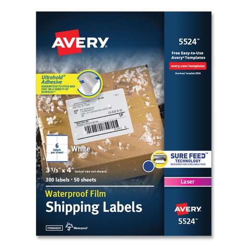 Office Jansan | Avery 05524 3.33 in. x 4 in. Waterproof Shipping Labels with TrueBlock and Sure Feed for Laser Printers - White (6/Sheet, 50 Sheets/Pack) image number 0