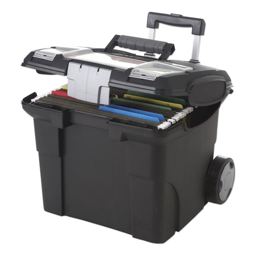 Office Jansan | Storex 61507U01C 15 in. x 16.38 in. x 14.25 in. Premium Mobile Letter File Transport Box with Telescoping Handle and Organizer Tray - Black/Gray image number 0