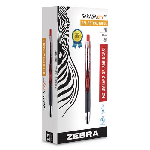  | Zebra 47130 Medium 0.7 mm Sarasa Dry Gel X30 Retractable Gel Pen - Red Ink, Red/Black/Silver Barrel (1 Dozen) image number 0