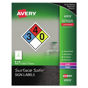 Avery 61513 Surface Safe 8 in. x 8 in. Inkjet/Laser Printers Removable Label Safety Signs - White (15/Pack)