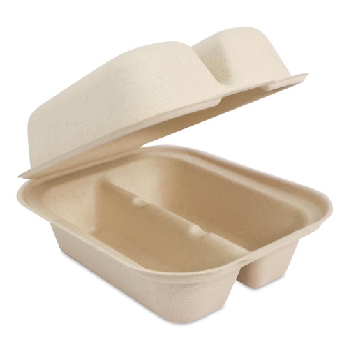 Food Trays, Containers, and Lids | World Centric TO-SC-T2-LFS 5.86 in. x 7.25 in. x 3.38 in. 2-Compartments Taco Box Fiber Hinged Takeout Containers - Natural (300/Carton) image number 0