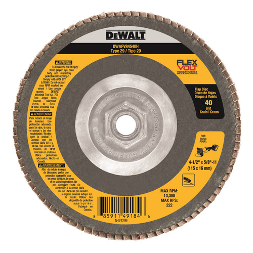 Grinding, Sanding, Polishing Accessories | Dewalt DWAFV84540H T29 FLEXVOLT Flap Disc 4-1/2 in. x 5/8 in. x 11 40-Grit image number 0