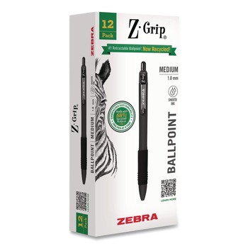 Zebra Z-Grip Medium 1 mm Recycled Retractable Ballpoint Pen - Black Ink/Black Barrel (1-Dozen)