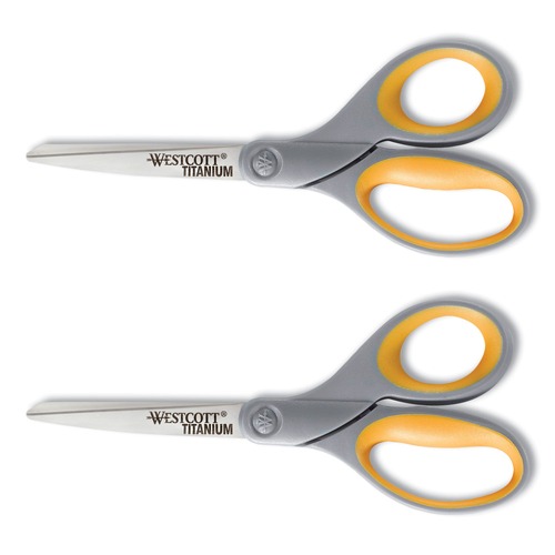 Office Jansan | Westcott 13901 8 in. Long 3.5 in. Cut Length Titanium Bonded Scissors - Straight Gray/Yellow Handle (2/Pack) image number 0