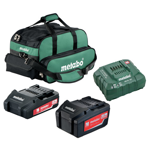 Battery and Charger Starter Kits | Metabo US625596052 Ultra-M 2 Ah and 5.2 Ah Lithium-Ion Battery (2-Pack), Charger, and Canvas Bag Kit image number 0