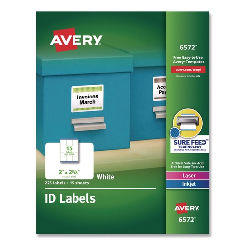  | Avery 06572 2 in. x 2.63 in. Permanent ID Labels with Sure Feed Technology for Inkjet/Laser Printers - White (15 Sheets/Pack, 15/Sheet) image number 0