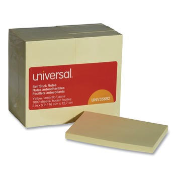 Universal UNV35692 3 in. x 5 in., Self-Stick Note Pads - Yellow (100-Sheet/Pad 18/Pack)