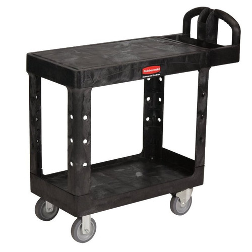 Utility Carts | Rubbermaid Commercial FG452500BLA 25.25 in. x 44 in. x 38.13 in. 500 lbs. Capacity 2 Flat Shelves Plastic Utility Cart - Black image number 0