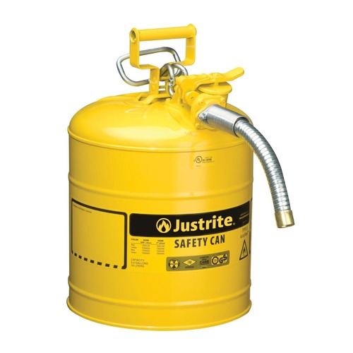 Gas Cans | Justrite 7250230 5 Gallon Type II AccuFlow Steel Safety Can with 1 in. Metal Hose - Yellow image number 0