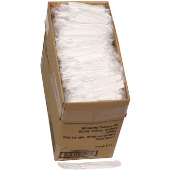 Pactiv Corp. Mediumweight Plastic Fieldware Cutlery Napkin/Spork/Straw Kit - White (1000/Carton)