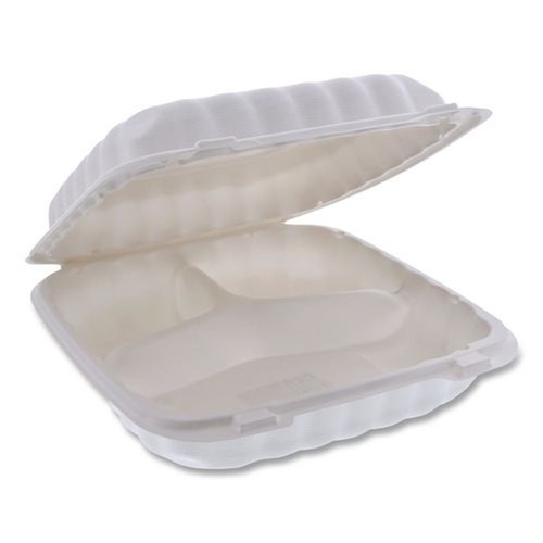 Food Trays, Containers, and Lids | Pactiv Corp. YCN809030000 3-Compartment 9 x 9 x 3.1 EarthChoice SmartLock Microwavable MFPP Plastic Hinged Lid Container - White (120/Carton) image number 0
