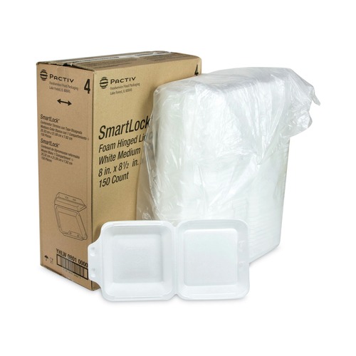 Food Service | Pactiv Corp. YHLW08010000 SmartLock 8 in. x 8 in. x 3 in. Medium Foam Hinged Lid Container - White (150/Carton) image number 0