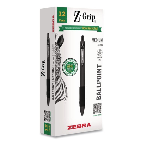Pens | Zebra 20610 Z-Grip Medium 1 mm Recycled Retractable Ballpoint Pen - Black Ink/Black Barrel (1-Dozen) image number 0