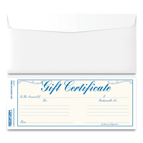 Office & Office Supplies | Rediform 98002 8.5 in. x 3.67 in. Gift Certificates with Envelopes - Blue/Gold with Blue Border (25/Pack) image number 0