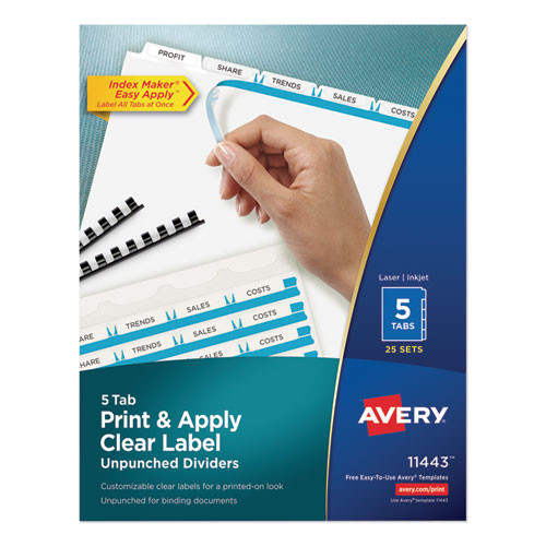 Office Jansan | Avery 11443 Index Maker 11 in. x 8.5 in. 5-Tab Print and Apply Clear Label Unpunched Dividers - White (25/Box) image number 0