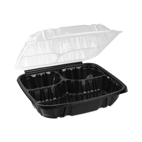 Food Service | Pactiv Corp. DC109330B000 34 oz. 3 Compartment Base/Lid 10.5 in. x 9.5 in. x 3 in. Vented Dual Color Microwavable Plastic Hinged Lid Container - Black/Clear image number 0