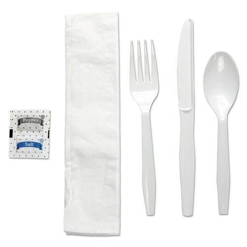 Cutlery | Boardwalk BWKFKTNSMWPSWH 6-Piece Condiment/Fork/Knife/Napkin/Teaspoon Cutlery Kit - White (250/Carton) image number 0