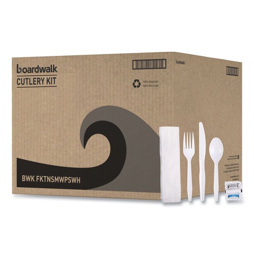 Cutlery | Boardwalk BWKFKTNSMWPSWH 6-Piece Condiment/Fork/Knife/Napkin/Teaspoon Cutlery Kit - White (250/Carton) image number 0