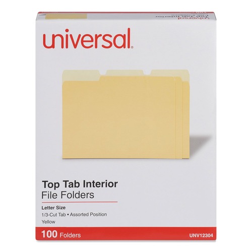 File Folders | Universal UNV12304 1/3 Cut Tabs Interior File Folders - Letter Size, Yellow (100/Box) image number 0