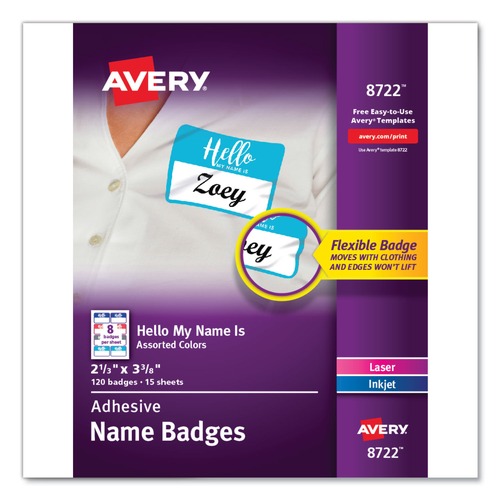 Office Jansan | Avery 08722 3.37 in. x 2.33 in. Flexible "Hello" Adhesive Name Badge Labels - Assorted (120/PK) image number 0