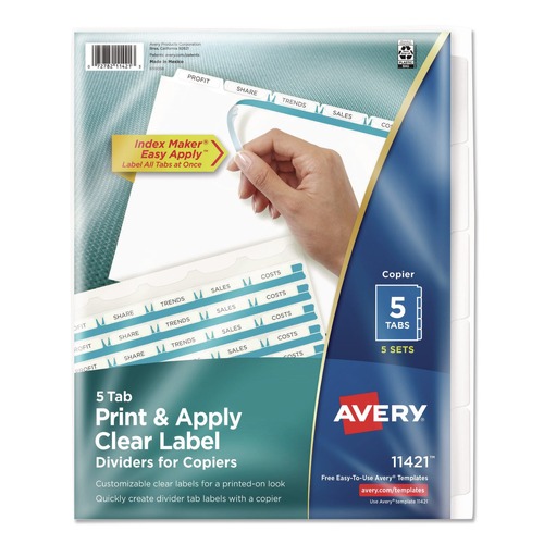 Office Jansan | Avery 11421 Index Maker 11 in. x 8.5 in. 5-Tab Copiers Print and Apply Clear Label Dividers - White (5/Pack) image number 0