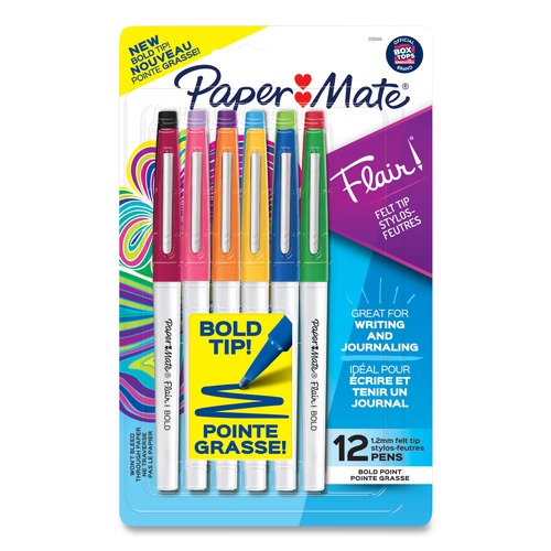 Office Jansan | Paper Mate 2125414 Bold 1.2 mm Stick Flair Felt Tip Porous Point Pen - Assorted Ink Colors White Pearl Barrel (12/Pack) image number 0