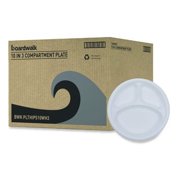 Boardwalk BWKPLTHIPS10WH3 10 in. Diameter 3-Compartment Hi-Impact Plastic Dinner Plates - White (500/Carton)