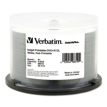 Verbatim Dvdplusr Dual Layer Recordable Disc, 8.5gb, 8x, Printable, Spindle (50/Pack)