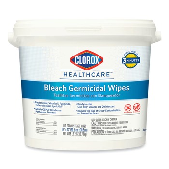 Clorox Healthcare 12 in. x 12 in. 1-Ply Bleach Germicidal Wipes - Unscented, White (110/Bucket)