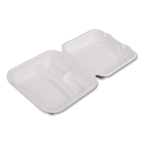Office & Office Supplies | Eco-Products EP-HC83NFA 8 x 8 x 3 Vanguard 3-Compartment Renewable and Compostable Sugarcane Clamshells - White (200/Carton) image number 0