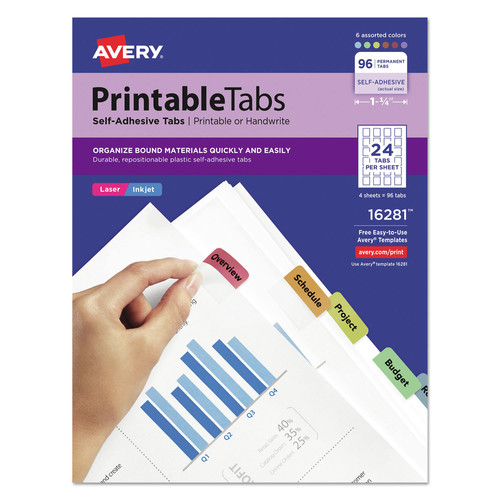 Office Jansan | Avery 16281 1.25 in. Wide 1/5-Cut Printable Plastic Tabs with Repositionable Adhesive - Assorted Colors (96/Pack) image number 0