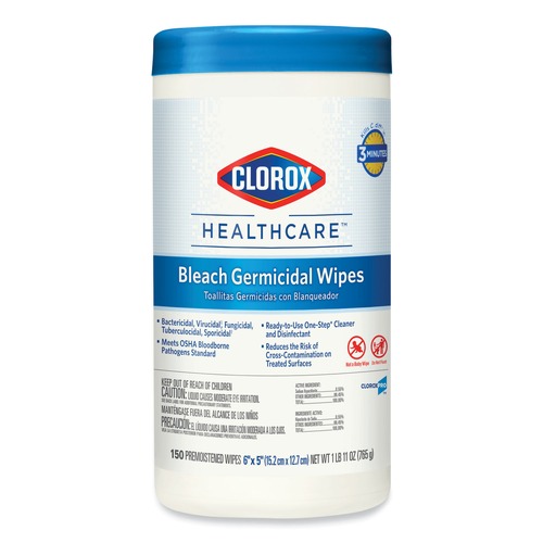 Clorox Healthcare 30577 6 in. x 5 in. Unscented Germicidal Bleach Wipes - White (150/Canister) image number 0
