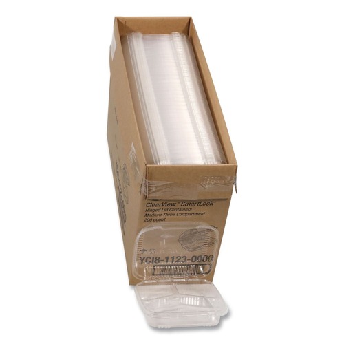 Food Trays, Containers, and Lids | Pactiv Corp. YCI811230000 Clearview 3-Compartment 5 oz. / 14 oz. Hinged Lid Food Containers - Clear (200/Carton) image number 0
