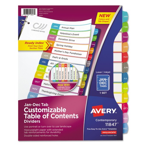 Office Jansan | Avery 11847 11 in. x 8.5 in. 12-Tab Jan. to Dec. Customizable TOC Ready Index Multicolor Tab Dividers - White (1 Set) image number 0
