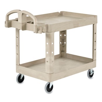 Rubbermaid Commercial 17.13 in. x 38.5 in. x 38.88 in. 500 lbs. Capacity 2 Shelves Plastic Heavy-Duty Utility Cart with Lipped Shelves - Beige