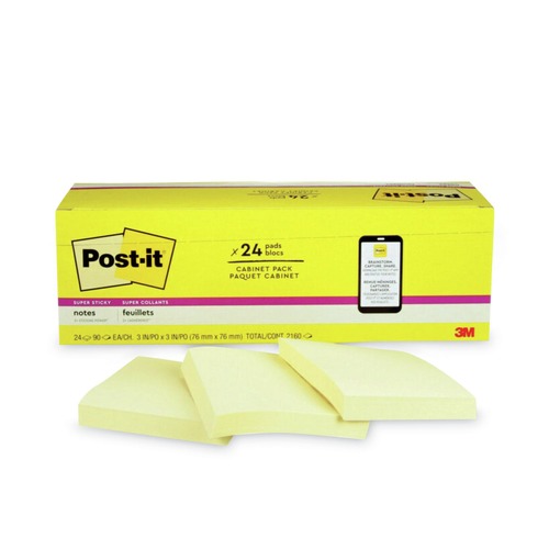 Office Jansan | Post-it Notes Super Sticky 654-24SSCP 3 in. x 3 in. Pads in Canary Yellow (24 Pads/Pack) image number 0